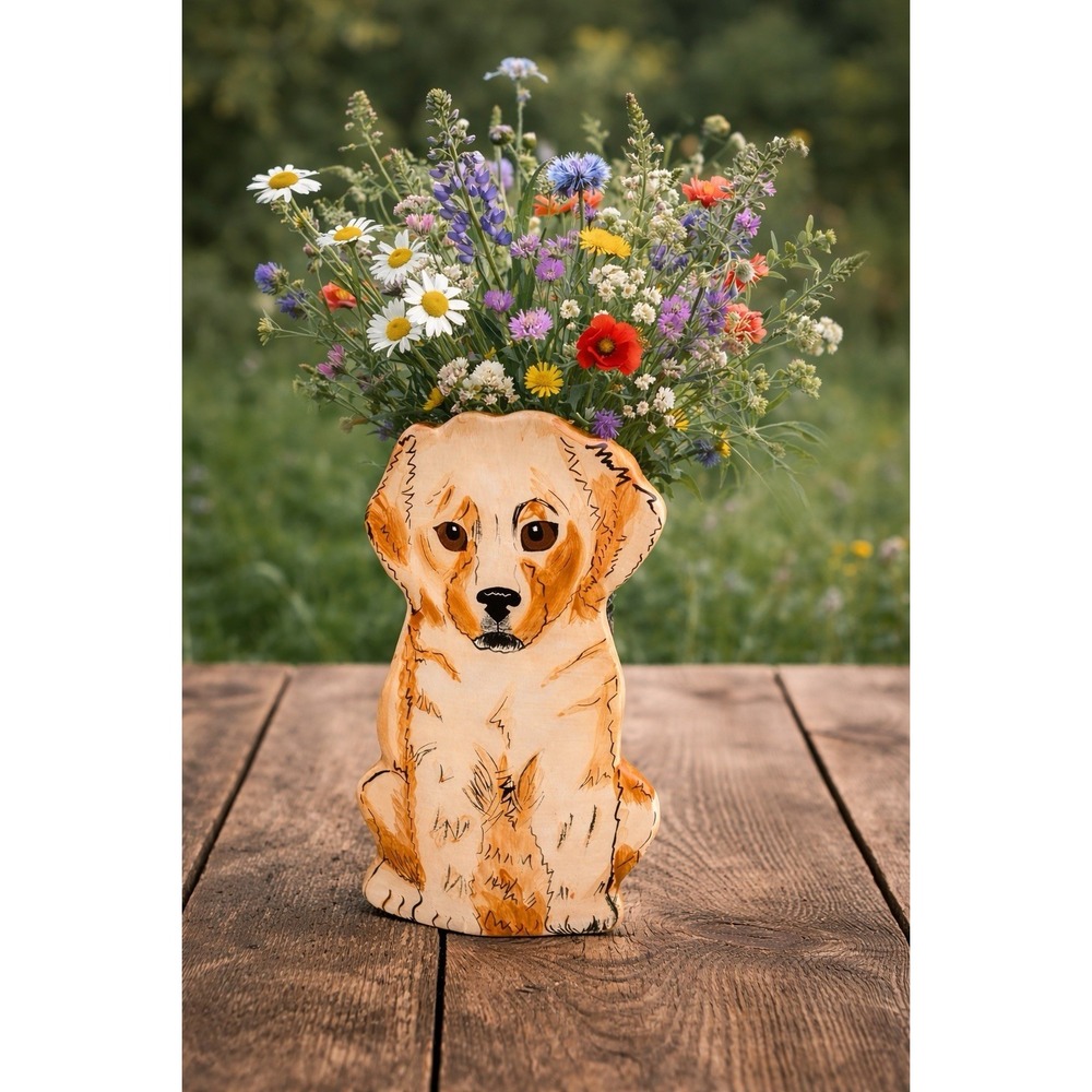 Nina Lyman Signed Dog Vase Golden Retriever Ceramic‎ Figural Folk Art Vase